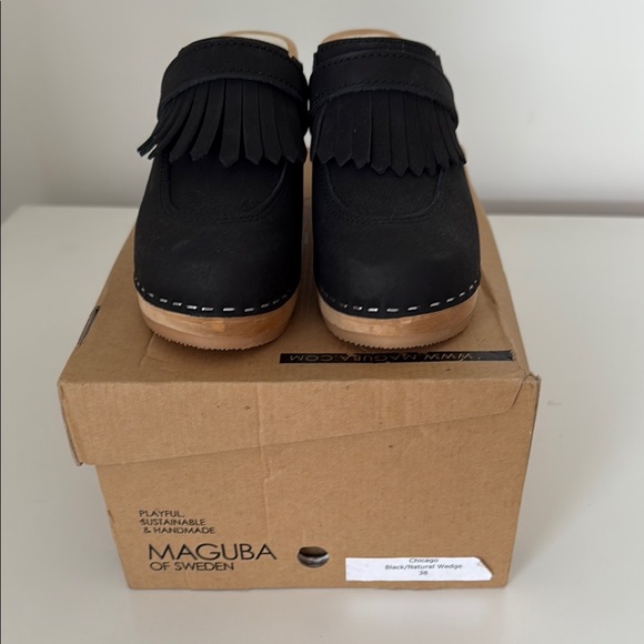 Maguba Sweden Black Fringe Wedge Clogs size 38. Brand new in box - Picture 7 of 8